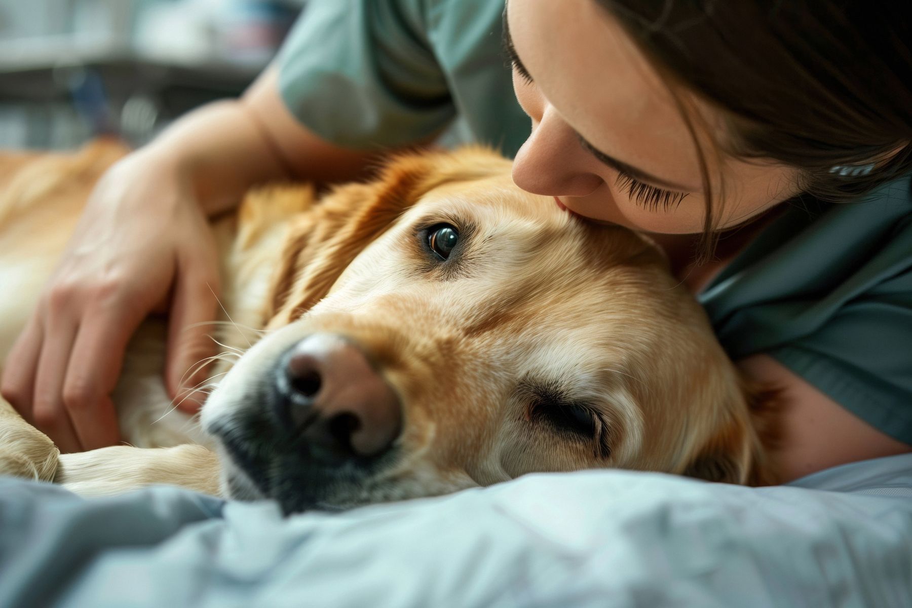 A golden retriever resting on a soft blanket as its owner gently kisses its head