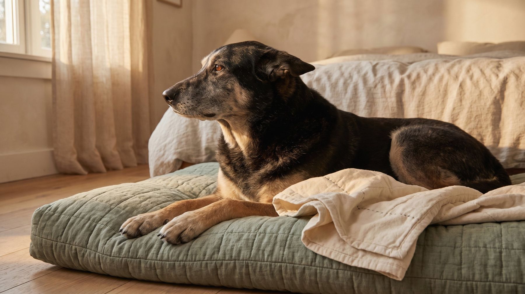 A senior dog resting on a soft green bed in a quiet bedroom